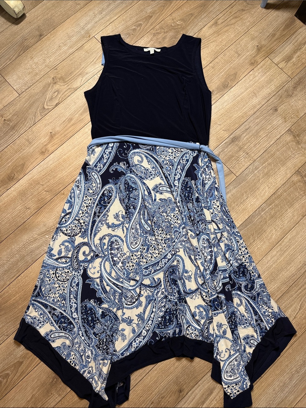 Sandra Darren Navy and Light Blue Paisley Asymmetrical Dress